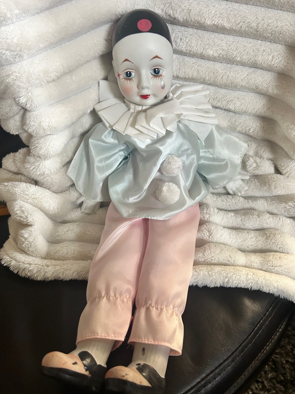 Porcelain Clown Doll in Light Blue and Pink